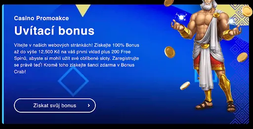Casino promoakce – Uvítací bonus 100 % až do 12 500 Kč + 200 Free Spinů + 1 Bonus Crab