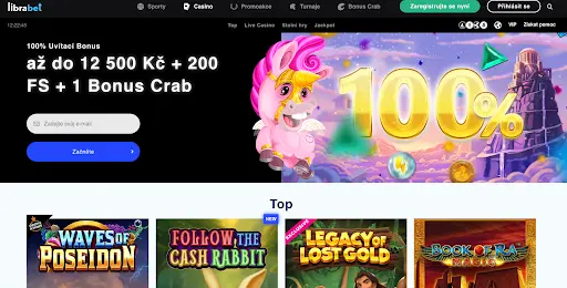 Uvítací bonus 100 % až do 12 500 Kč + 200 FS + 1 Bonus Crab na Librabet Casino