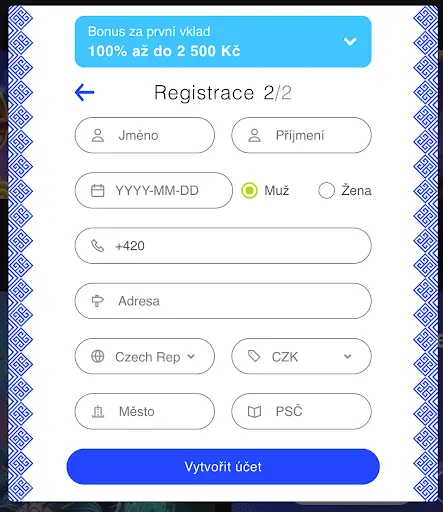 Registrační formulář 2/2 – pole pro jméno, příjmení, datum narození, pohlaví (muž/žena), telefonní číslo, adresu, stát, měnu, město a PSČ, tlačítko „Vytvořit účet“.