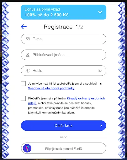 Registrační formulář 1/2 – pole pro e-mail, přihlašovací jméno, heslo, potvrzení věku nad 18 let, souhlas s obchodními podmínkami a zásadami ochrany osobních údajů, tlačítko „Další krok“ a možnost připojit se pomocí FunID.