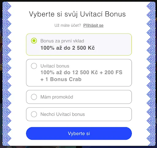 Výběr uvítacího bonusu – možnost 100 % až do 2 500 Kč, uvítací bonus 100 % až do 12 500 Kč + 200 FS + 1 Bonus Crab, zadání promo kódu nebo volba bez bonusu.