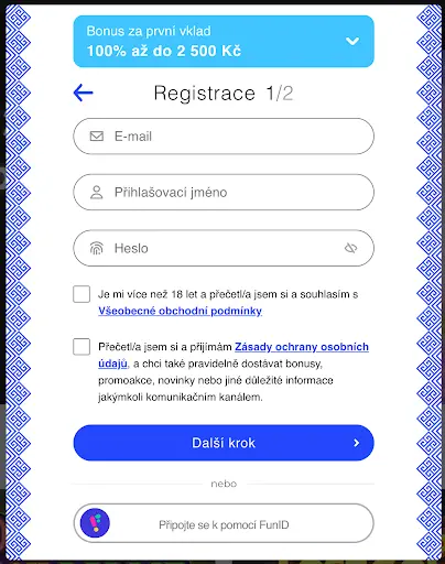 Registrační formulář – Bonus za první vklad 100 % až do 2 500 Kč