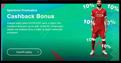 Sportovní promoakce Cashback Bonus – týdenní 10% cashback až do 12 500 Kč