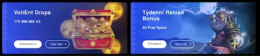 Speciální casino akce: hrajte VoltEnt Drops o 175 milionů Kč a získejte Týdenní Reload Bonus s 50 free spiny Casino promo – VoltEnt Drops s výhrami 175 000 000 Kč a Týdenní Reload Bonus s 50 free spiny